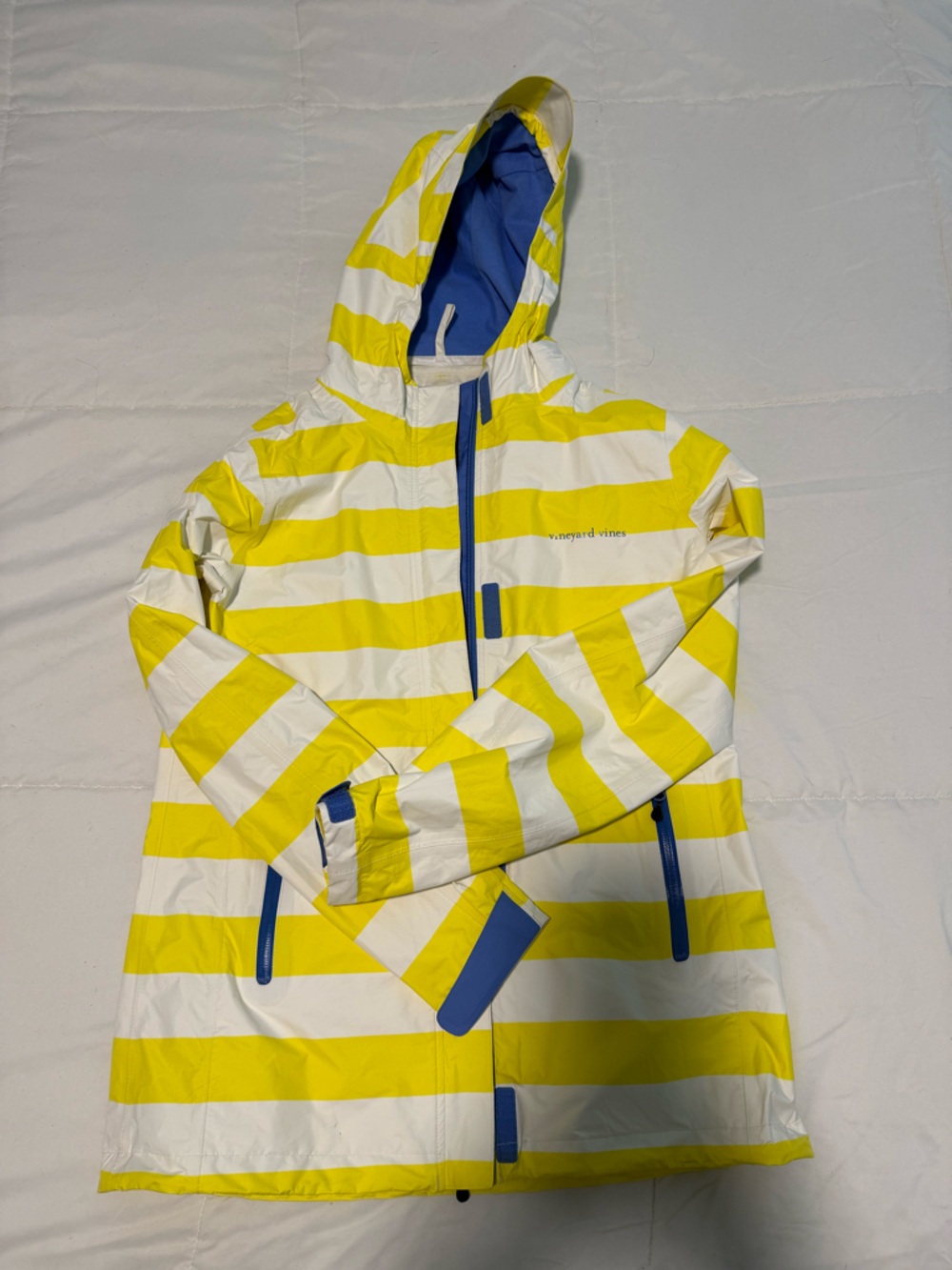 Vineyard Vines Yellow and White Striped Hooded Jacket with Blue Trim
